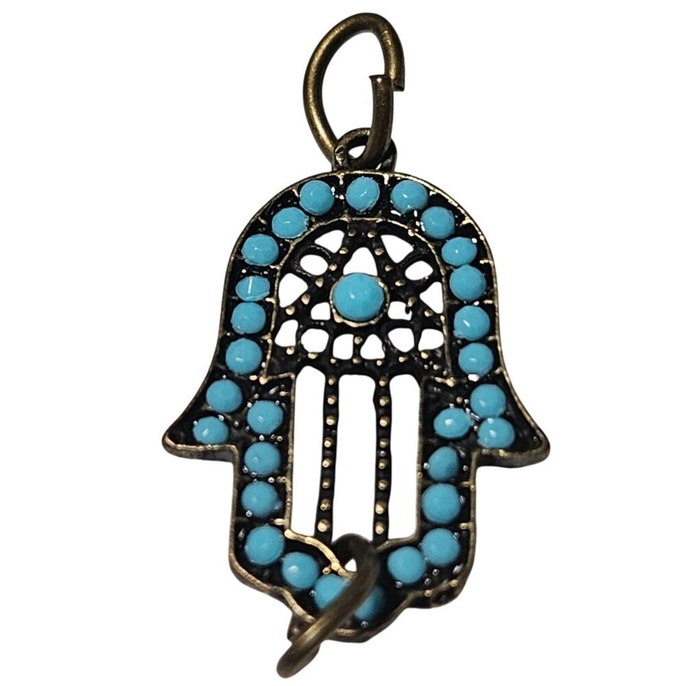 Hamsa Hand Charm Pendant Fatima Evil Eye Protection Blue Beads Bronze Finish